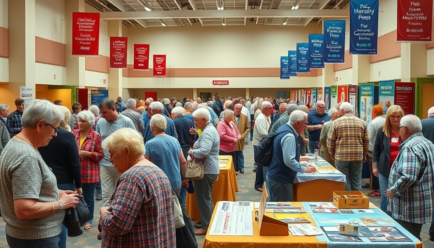 Senior adults attending a health fair, engaging at exhibitor tables.