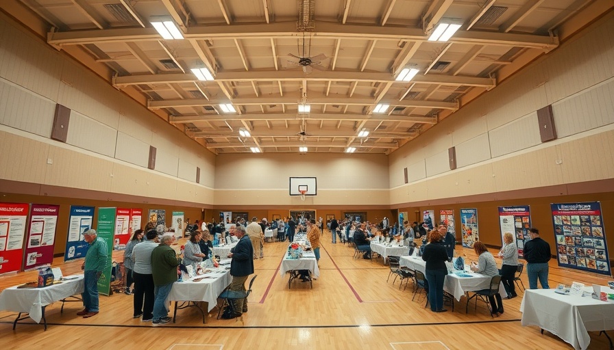 Indoor gym at senior health fair with booths and attendees.