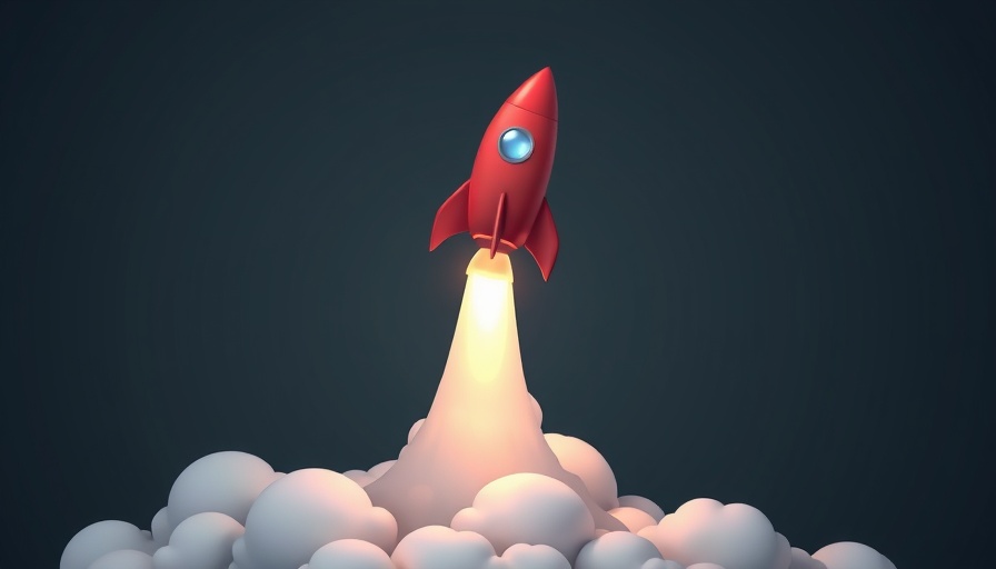 Cartoon rocket launching with clouds in dark setting, vibrant red.