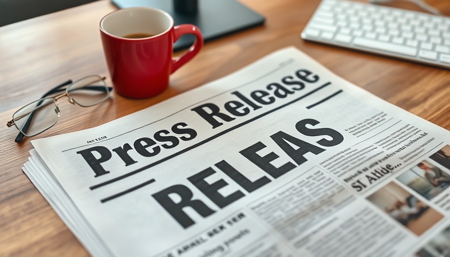 Press release on wood table with glasses and red coffee cup.