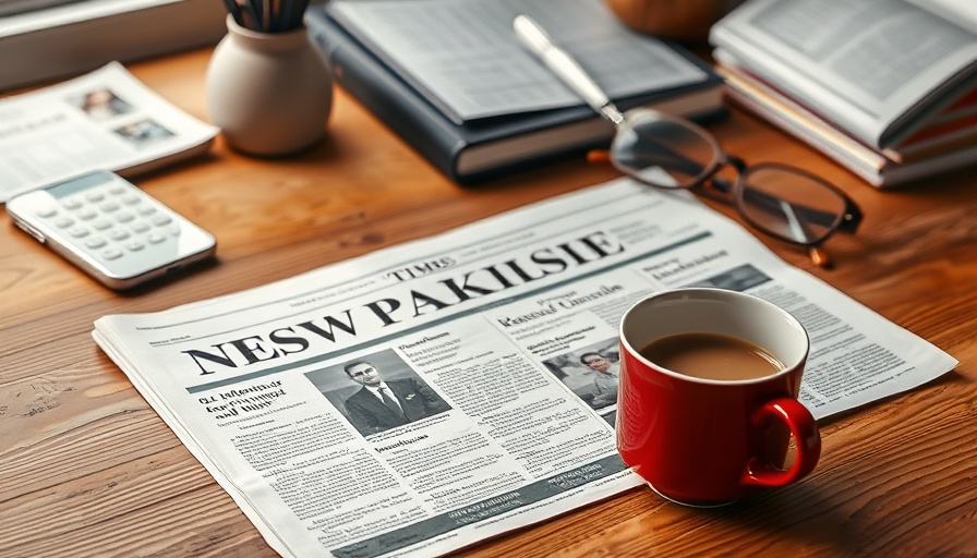 Press release on wooden desk with red coffee cup, promoting Professional Tree Care Services in Southwest Missouri.
