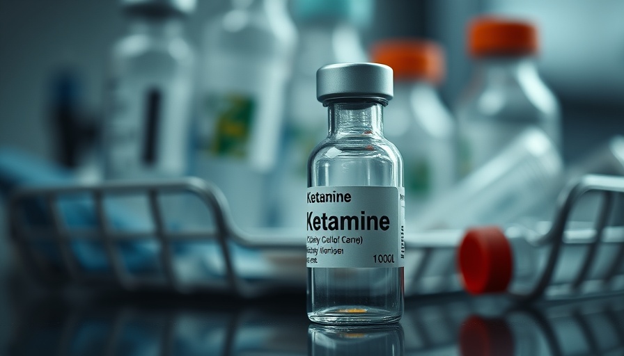 IV ketamine vial on table with medical equipment, soft lighting.