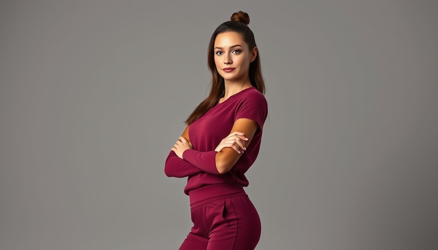 Elegant woman in burgundy NikeSKIMS sportswear, posing confidently.