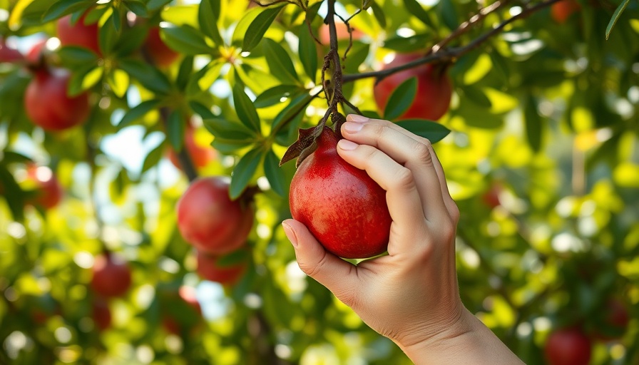 Hands harvesting ripe pomegranate from tree - when to harvest pomegranates.