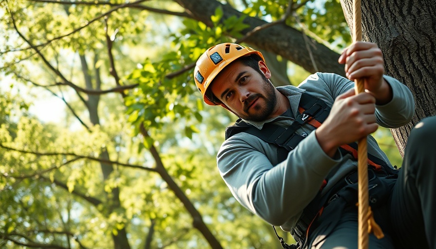 Arborists climbing a tree using ropes in a sunny forest environment.