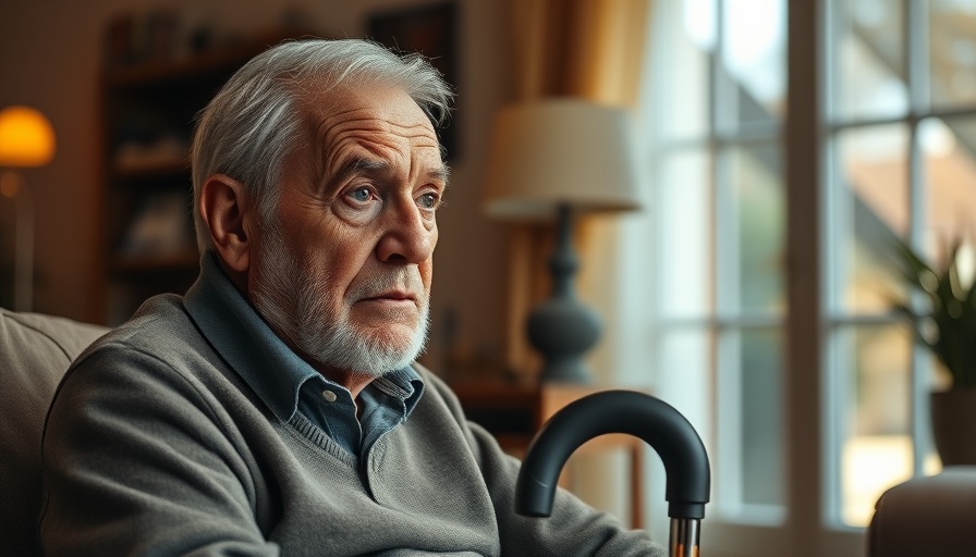 Thoughtful elderly man sitting with a cane, reflecting loneliness senior men's health.
