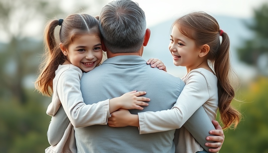 Father and daughters embrace, promoting Alzheimer's disease awareness.
