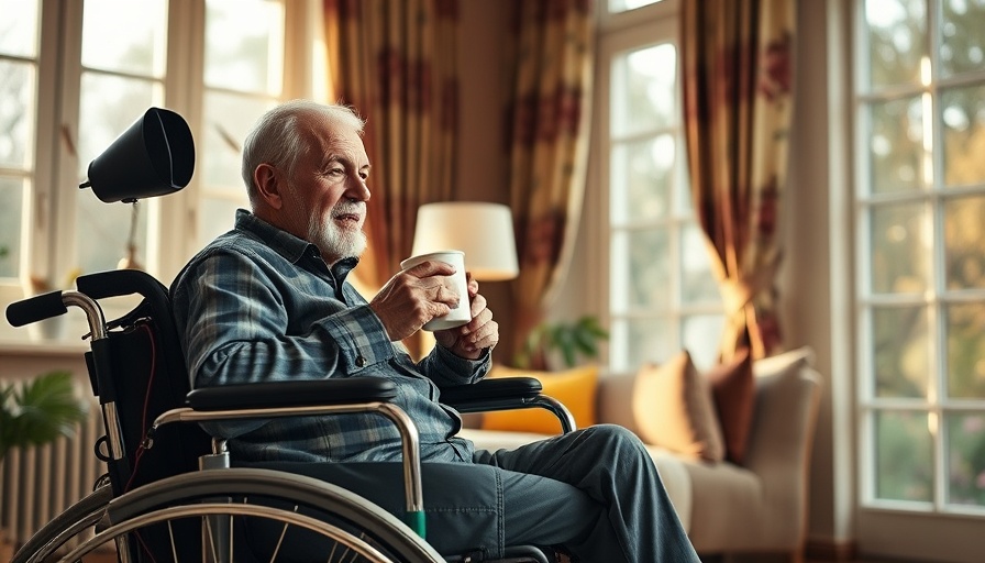 Senior living solutions Muskegon: Elderly man in wheelchair enjoys coffee indoors.