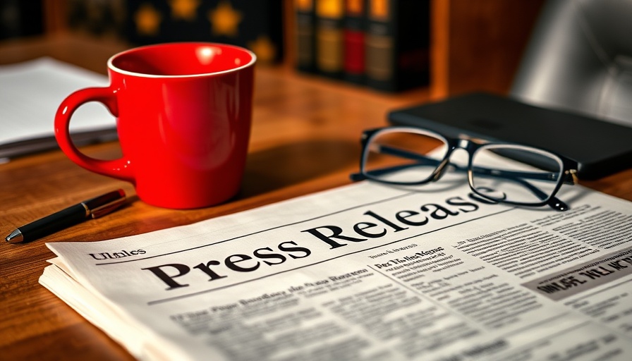 Press release newspaper on desk, coffee and glasses nearby, tree care services expansion.