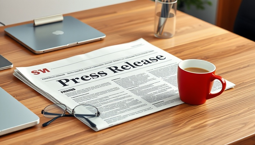 Office setting with press release, coffee, glasses on wooden desk, tree pruning services SEO.