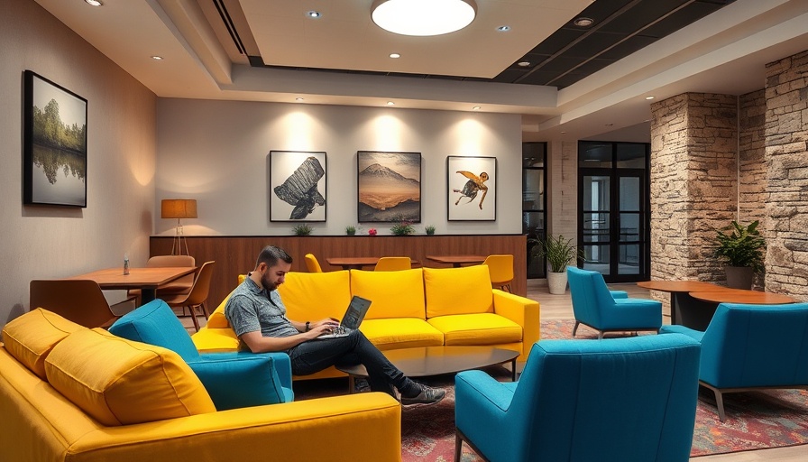 Modern lounge area for retiree community with vibrant decor.