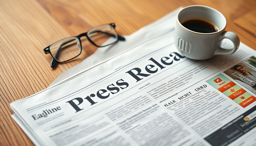 Press release headline with glasses and coffee on table.