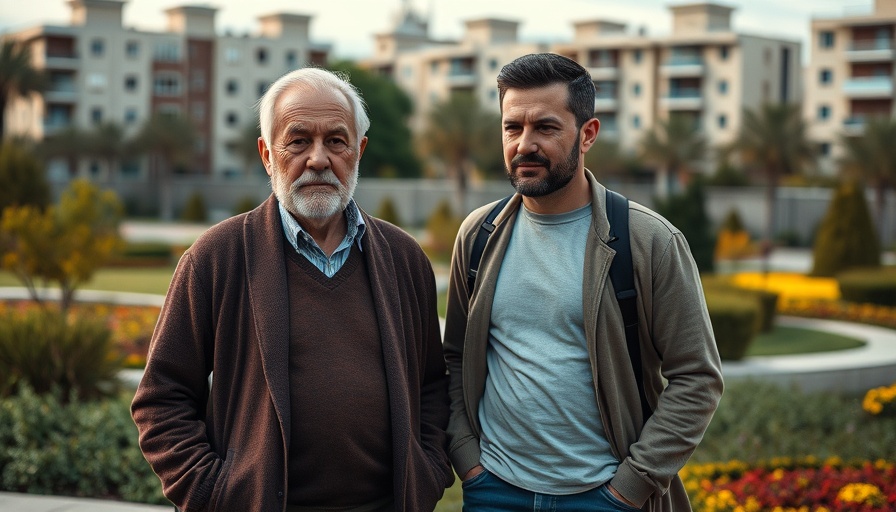 Cinematic image of two men in a garden with urban background, soft lighting.