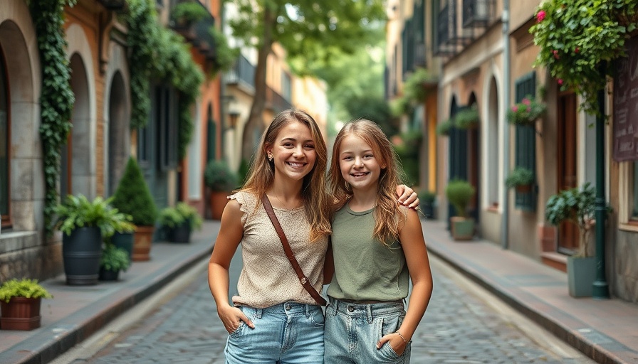 Alzheimer's caregiver support scene: two women smiling on cobblestone street.