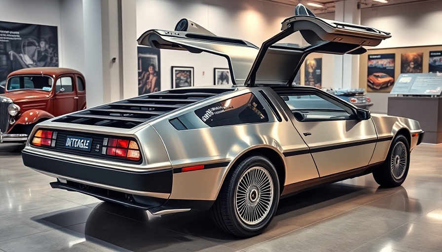 DeLorean DMC-12 with gull-wing doors in a museum exhibition.