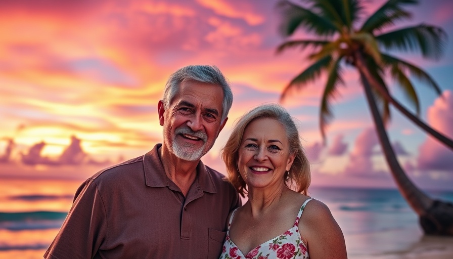 Smiling older couple embracing on a sunset beach.