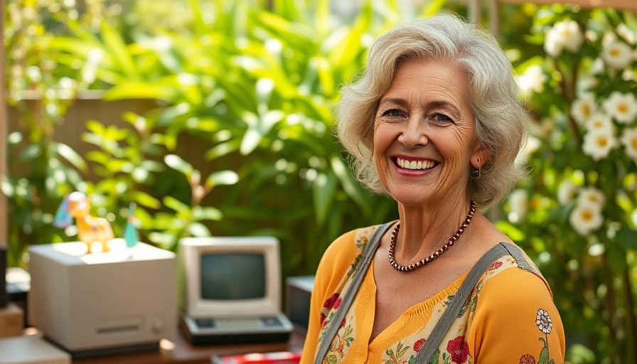 Mature woman selling vintage items in yard sale for retirement cash.