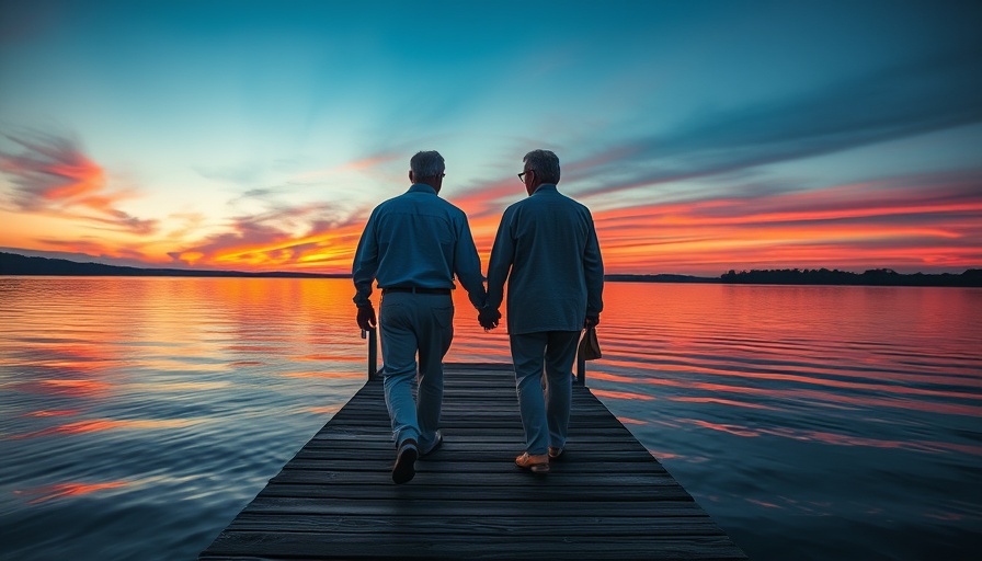 Older couple discussing retirement finances on a dock at sunset.