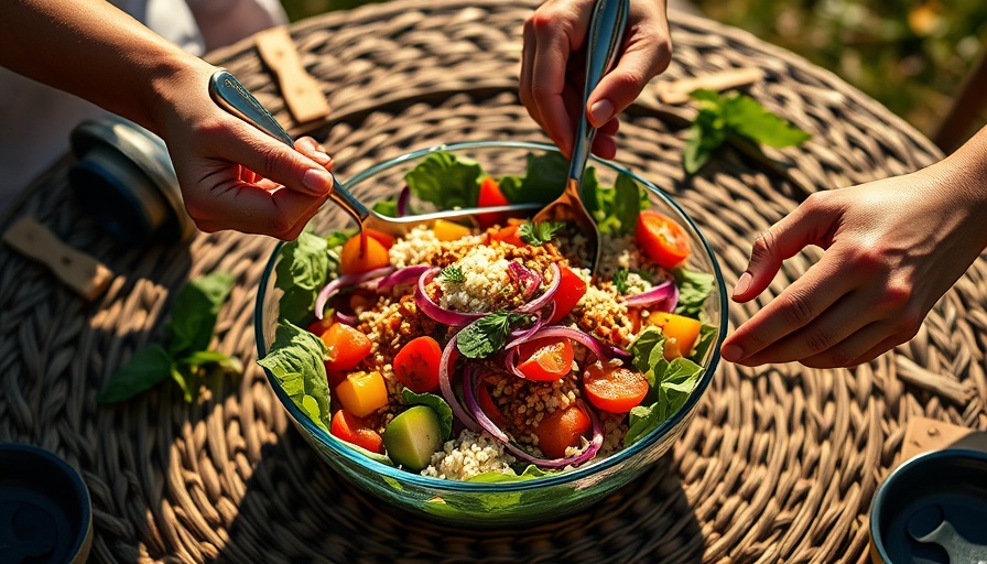 Colorful salad bowl with hands, foods causing daytime sleepiness