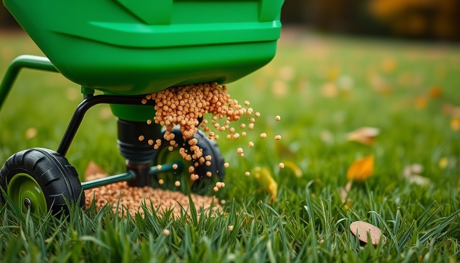 Green fertilizer spreader on lawn for best autumn care in Muskegon.