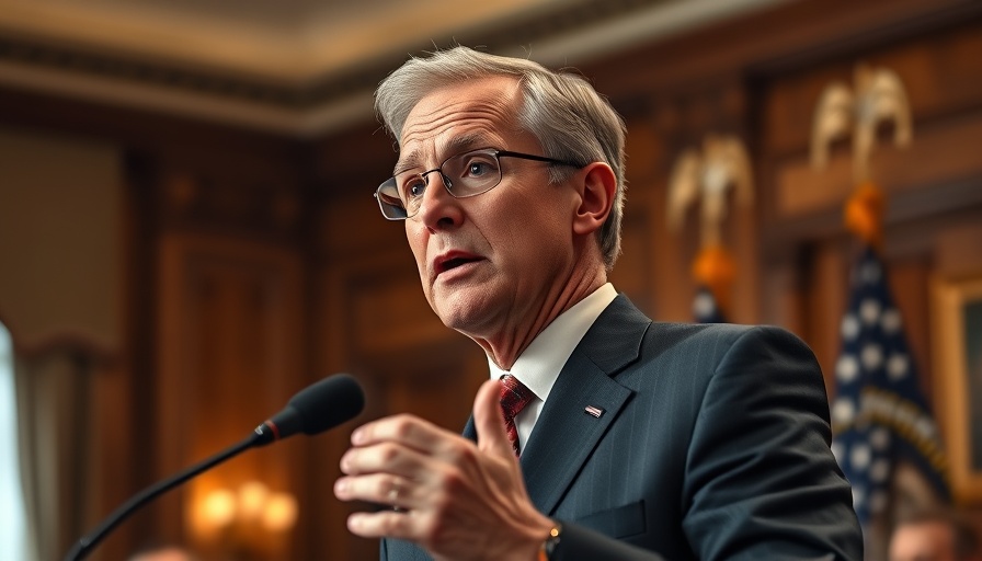Middle-aged speaker discussing Georgia Medicaid work requirement program in ornate room with flag.