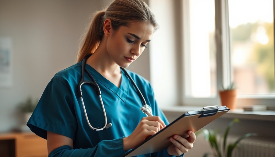Healthcare professional taking notes in a bright office.