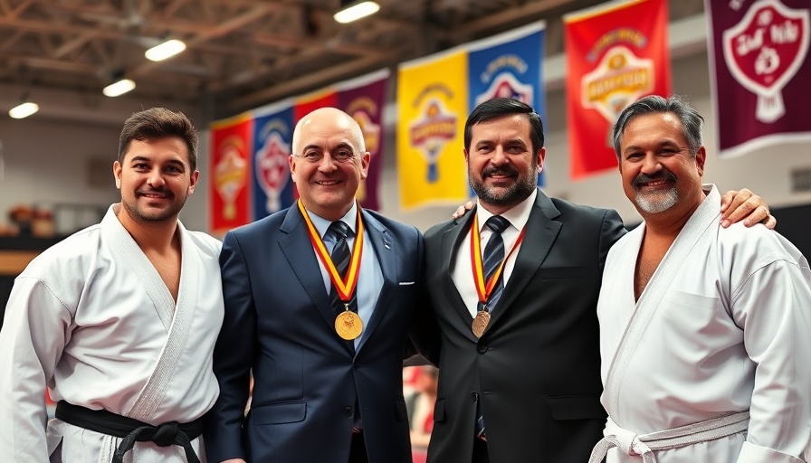 Karate champion with medal poses with coaches at championship event.