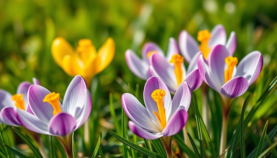 Vibrant crocus flowers in bloom on lush green grass, bulb planting in corners.