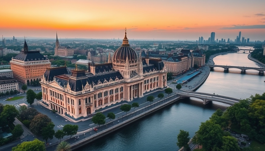 Aerial view of a grand building by a river at twilight, vibrant cityscape.
