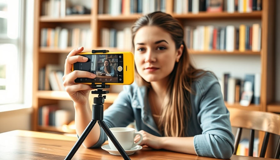 Young woman recording video at home on smartphone, focusing on content.