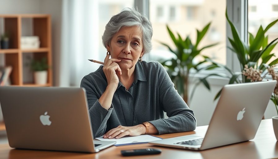 Senior woman considering best investments for seniors at her desk.