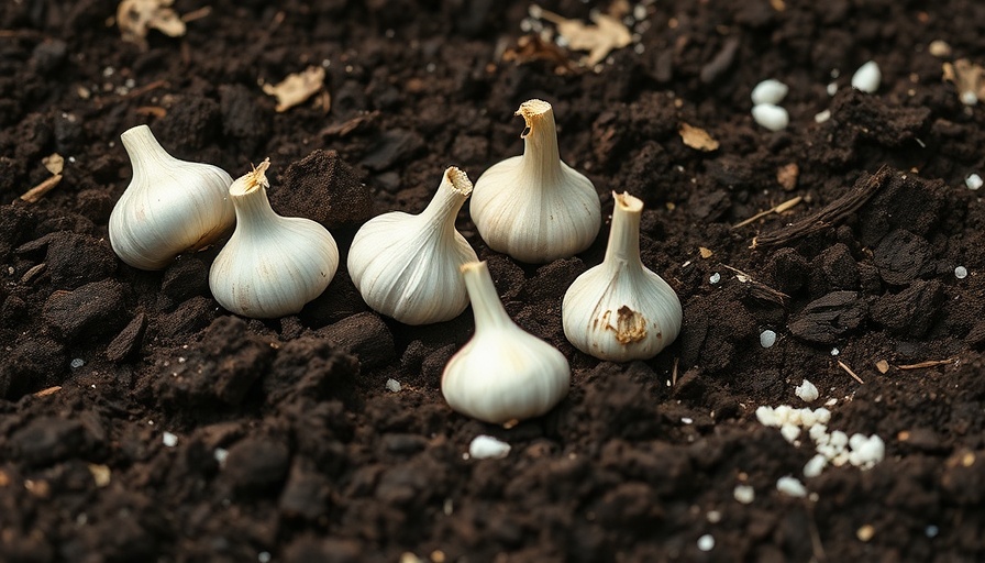 Garlic cloves on prepared soil with white amendments.