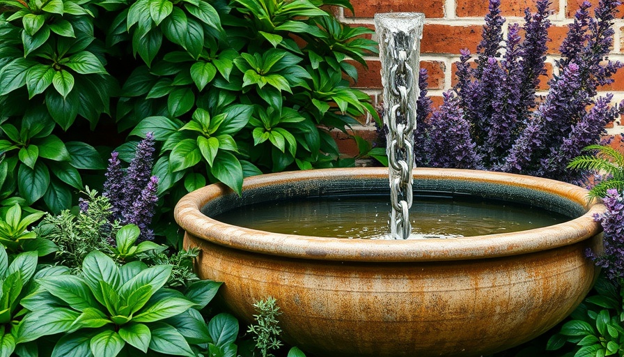 Cozy vertical rain garden with lush plants and rain chain.