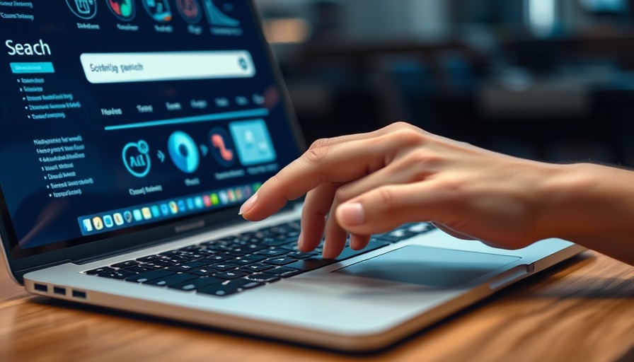 Hands using digital search interface on laptop, futuristic tech concept.