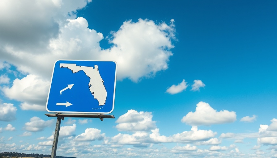 Florida highway sign with map, blue sky; Medicaid expansion Florida.