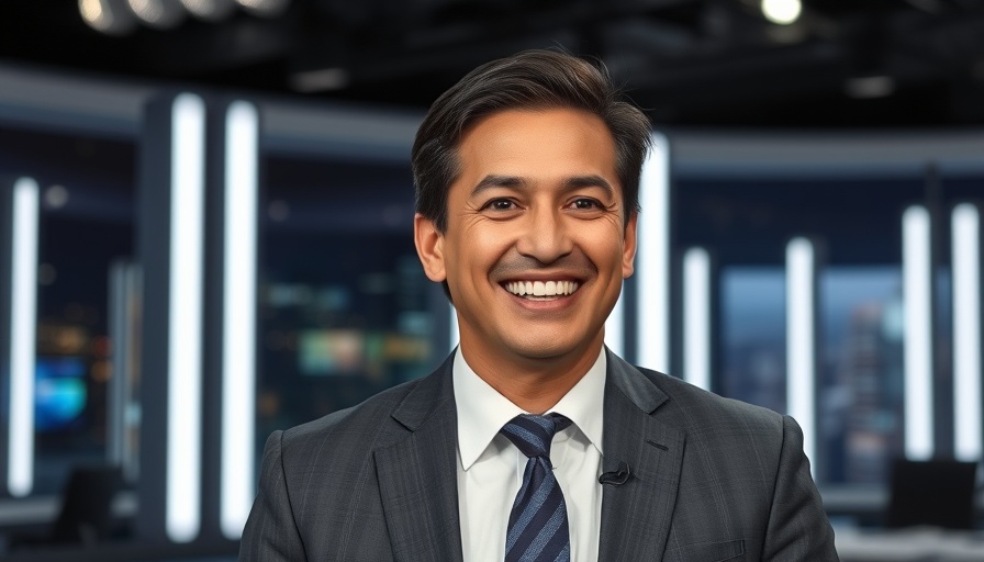 News anchor discussing live in a modern studio setting.