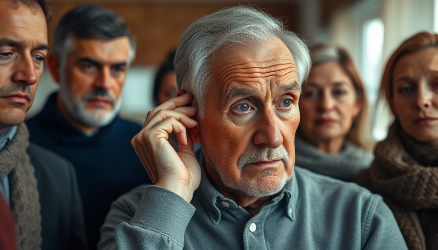 Elderly man touching ear surrounded by friends, link between hearing loss and Alzheimer's.
