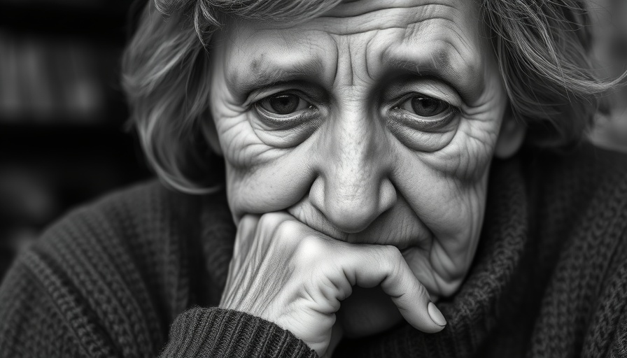 Elderly woman thinking deeply in black and white photograph.