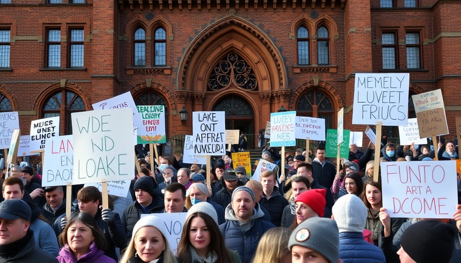 Protesters holding signs in front of a historic building, Apply for Social Security in Muskegon.