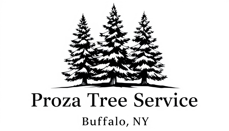 Proza Tree Service logo featuring fir trees, Buffalo NY.