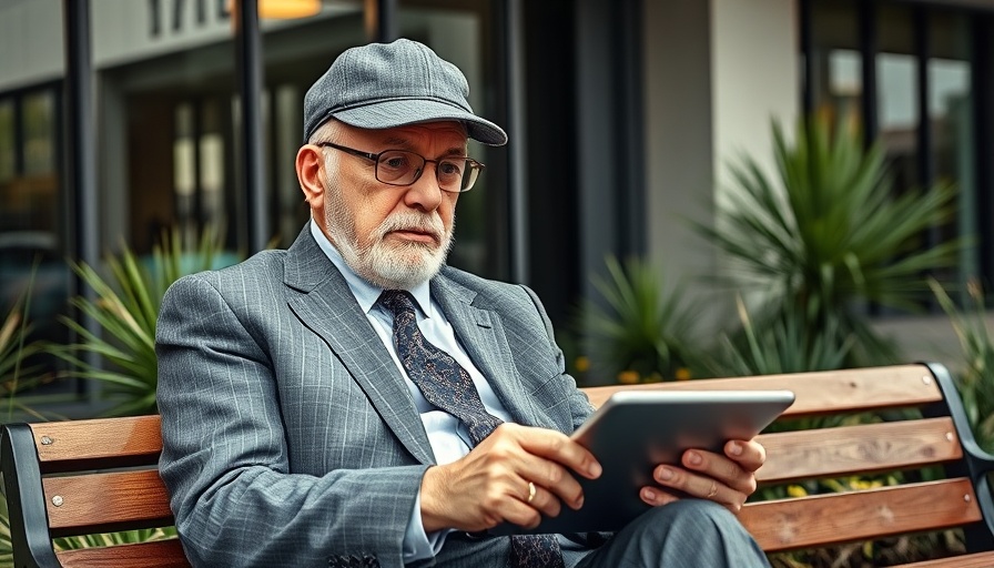 Elderly man contemplating tablet use on wooden bench, retirement consumption puzzle.
