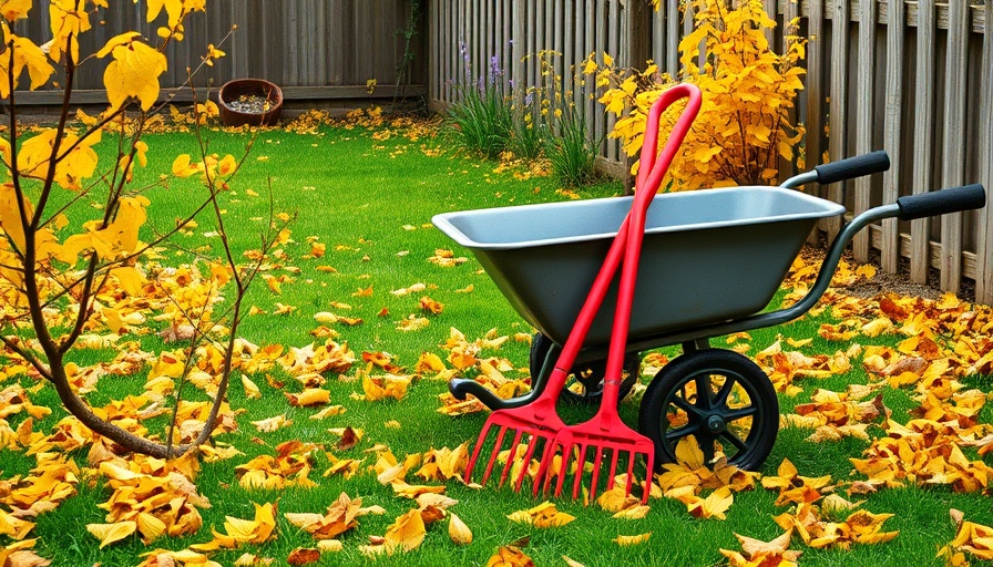 Autumn garden with wheelbarrow and rake for lawn fertilization and weed control services Muskegon.