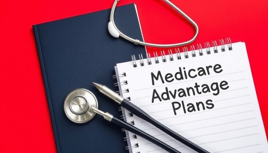 Growing enrollment in Medicare Advantage special needs plans concept with notebook and stethoscope on red background.