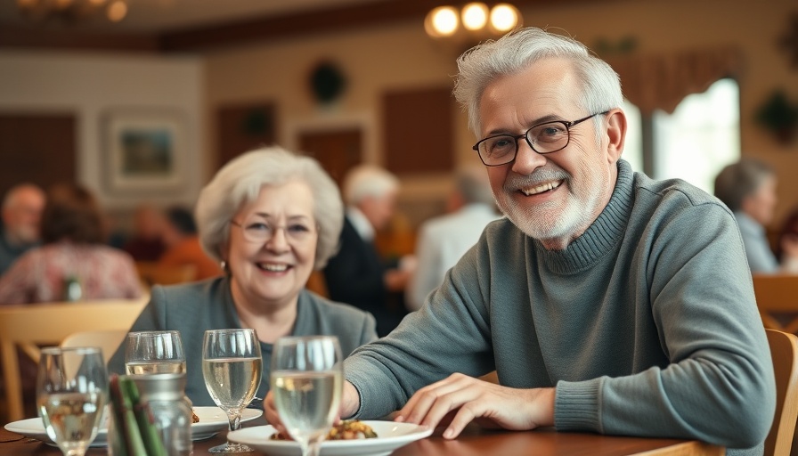 Elderly couple dining in community center, fostering connection and social interaction.