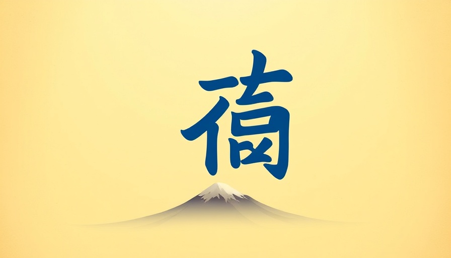 Blue kanji symbol over golden mountaintop illustration.