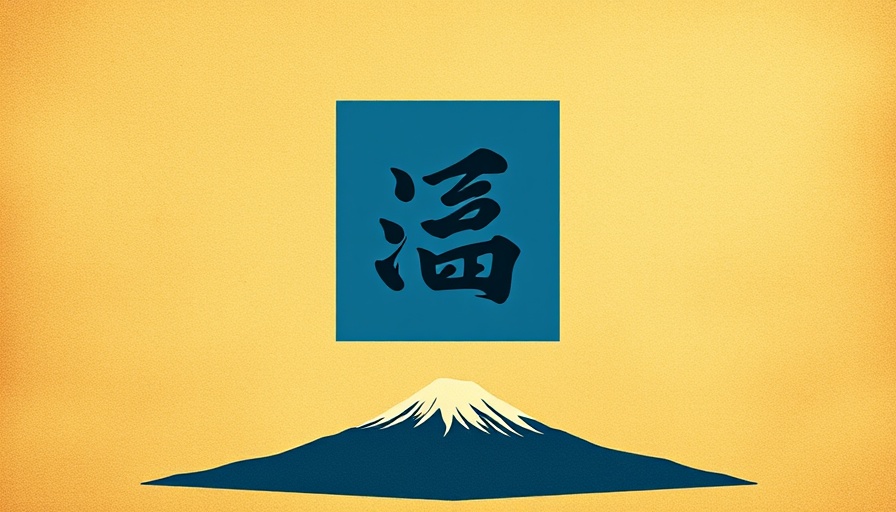 Artistic depiction of Japanese calligraphy with Mount Fuji in a golden setting.