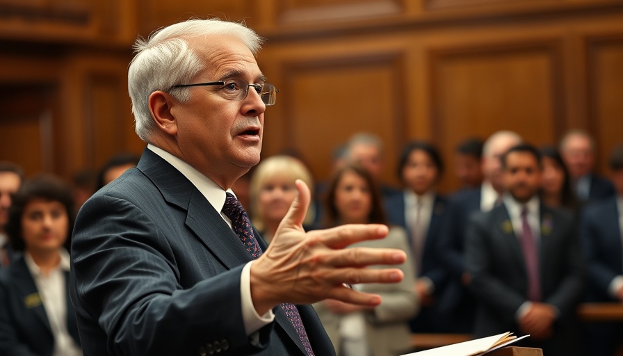 Older man gesturing while speaking at insurance industry event.