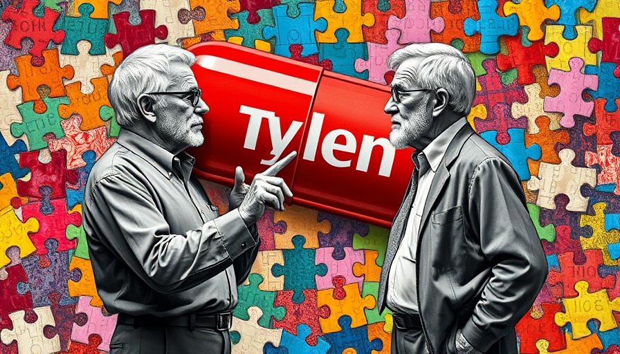 Colorful collage with Tylenol pill and men discussing claims.