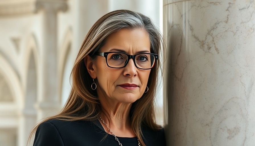 Calm mature woman leaning on marble, crossing line between good and bad anxiety.