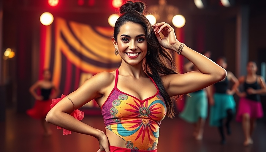Jen Affleck in vibrant dance attire, smiling and posing confidently, postpartum.